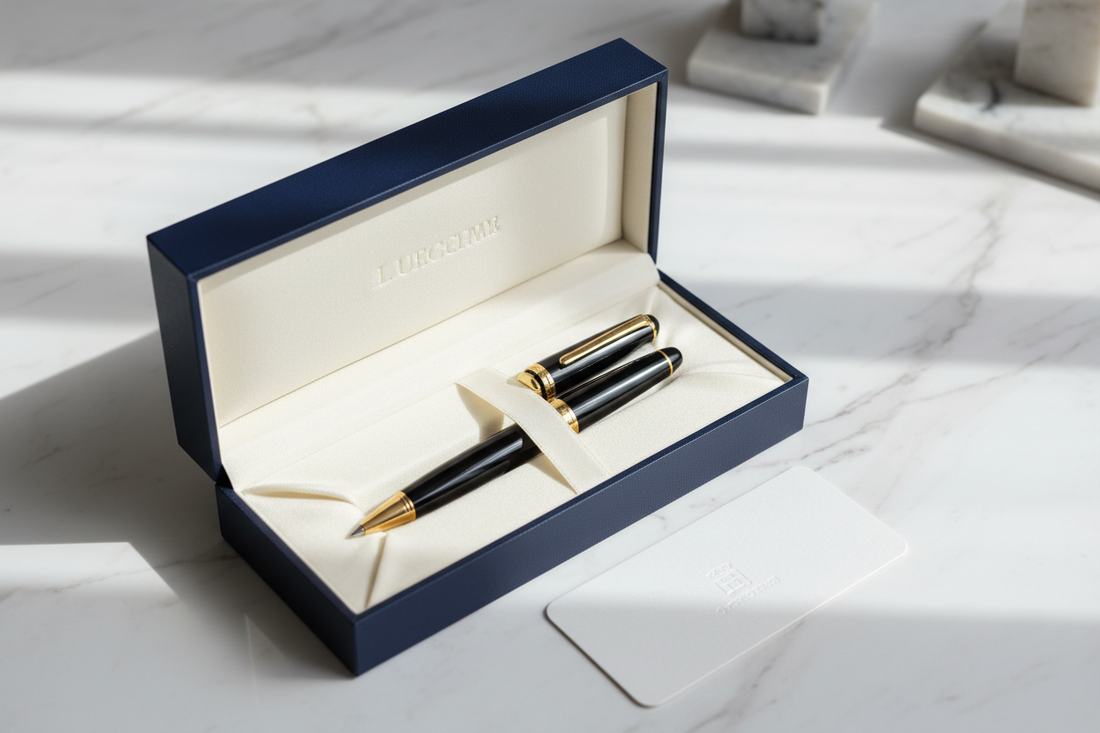 Luxury rollerball pen in a gift box on a marble desk for National Bosses Day