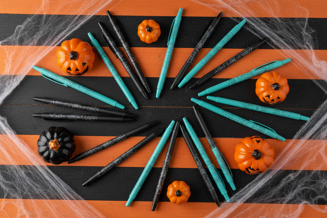 Custom branded bulk pens in black and teal arranged on a Halloween-themed desk for an office party