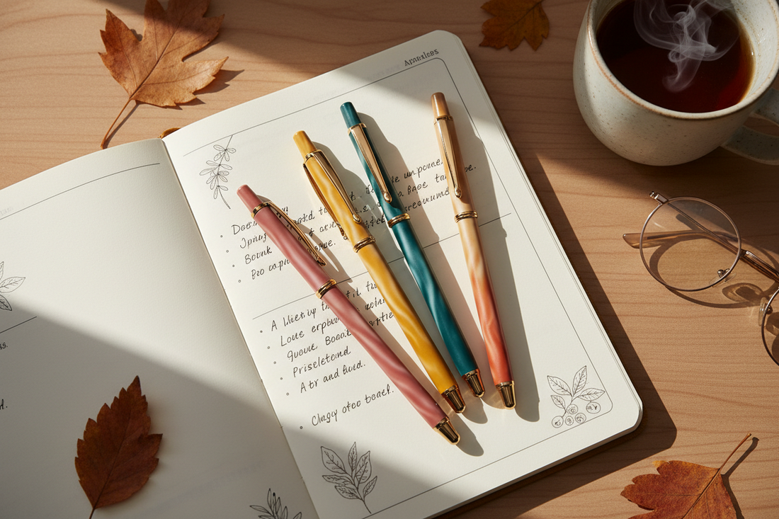 Aesthetic quick-dry gel pens arranged on an open bullet journal with handwritten notes for fall journaling