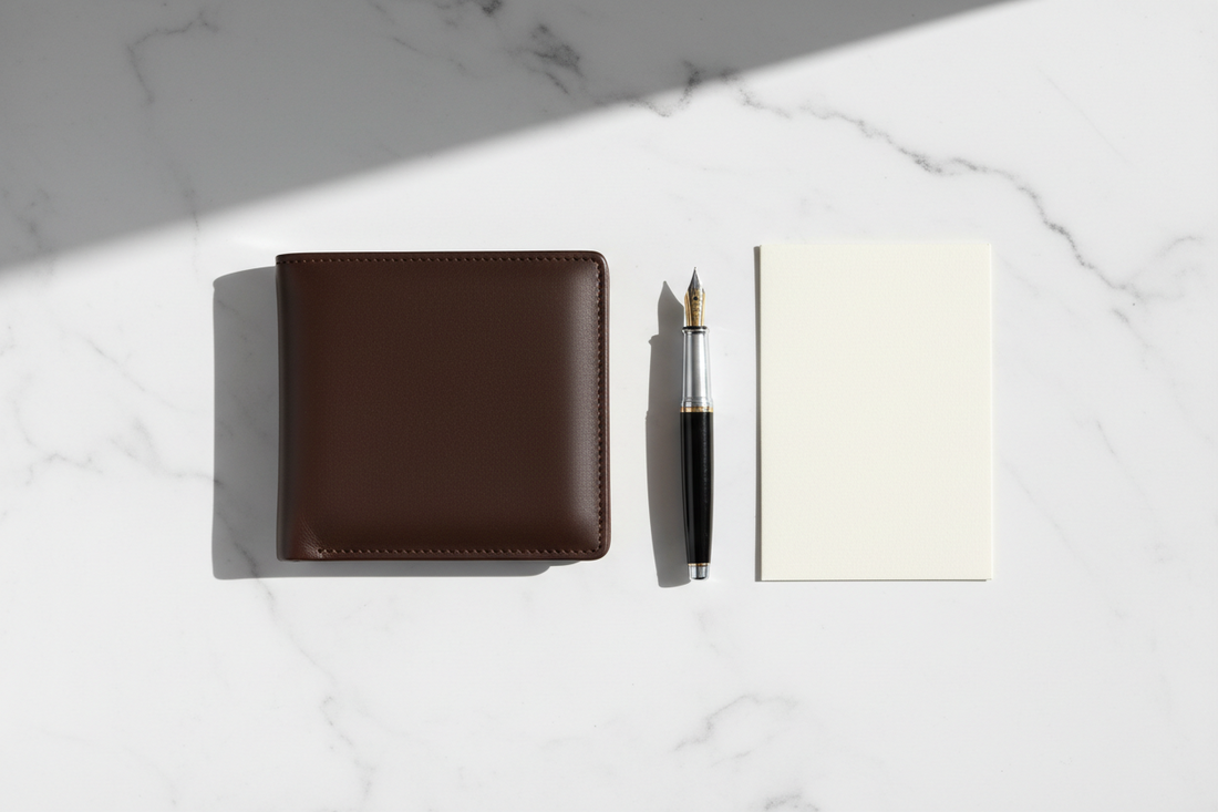 A slim executive leather wallet displayed on a marble desk surface alongside a fountain pen, ideal as a professional gift for National Bosses Day