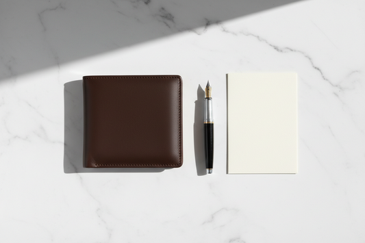 A slim executive leather wallet displayed on a marble desk surface alongside a fountain pen, ideal as a professional gift for National Bosses Day