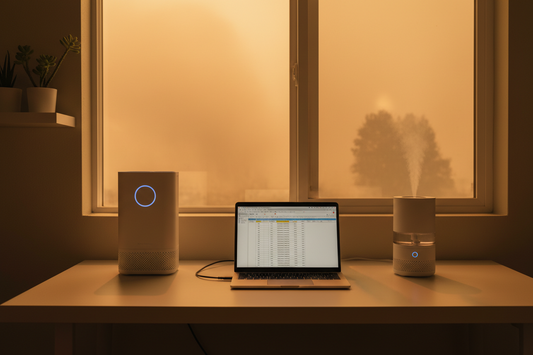 Home office desk with air purifier and humidifier running during wildfire smoke season