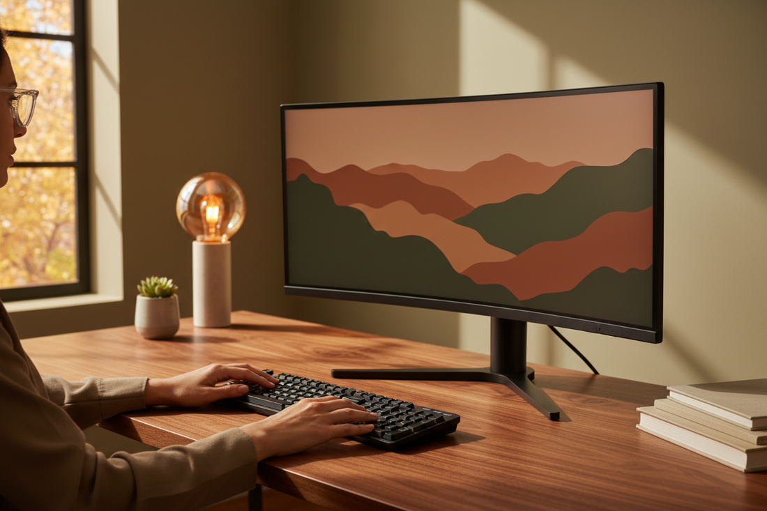 Person wearing clear blue light blocking glasses while working at a home office desk with a monitor and keyboard in warm fall lighting