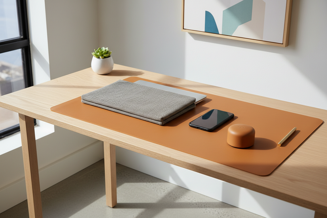 A minimalist premium workspace setup featuring a high-end protective laptop sleeve and a clean leather desk mat under soft morning sunlight, by True-Desk.