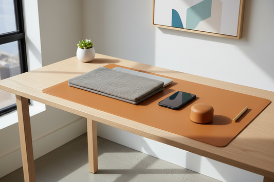 A minimalist premium workspace setup featuring a high-end protective laptop sleeve and a clean leather desk mat under soft morning sunlight, by True-Desk.