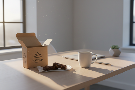 Minimalist premium office snacks and healthy protein bars resting on a clean modern desktop under soft morning sunlight, by True-Desk.