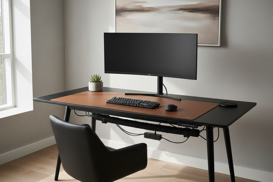A professional ergonomic workspace setup with desk mats and cable management, by True-Desk.