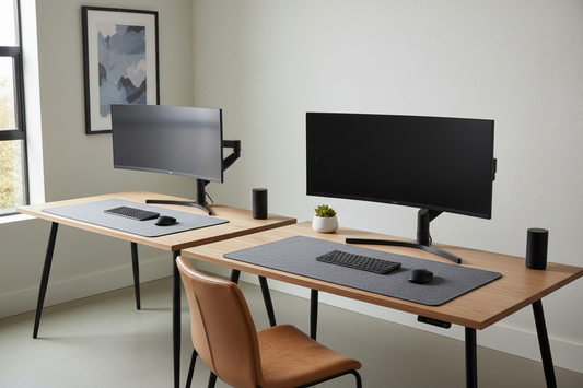 A professional ergonomic workspace setup with standing desks and monitor arms, by True-Desk.