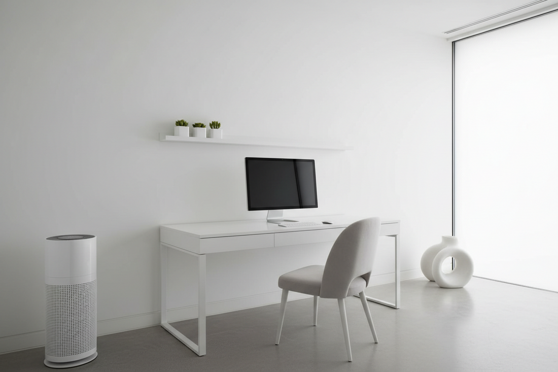 Professional air purifier creating a healthy and productive home office environment, by True-Desk.