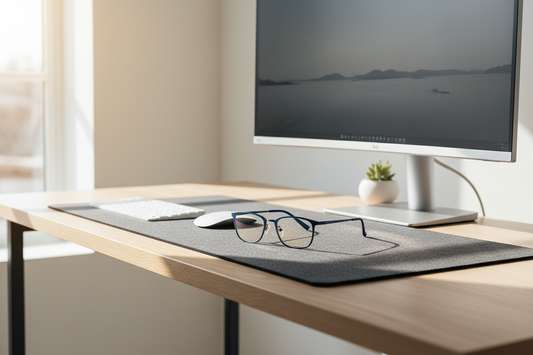 Professional blue light blocking glasses and desk accessories for better focus and eye health, by True-Desk.