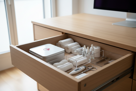 Professional first aid kits and desk accessories for a safe and productive workspace, by True-Desk.