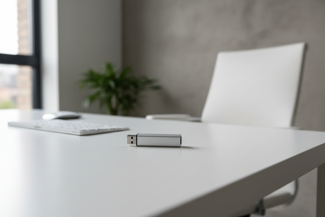 A professional home office setup featuring usb flash drive, cable management, and monitor arms, by True-Desk.
