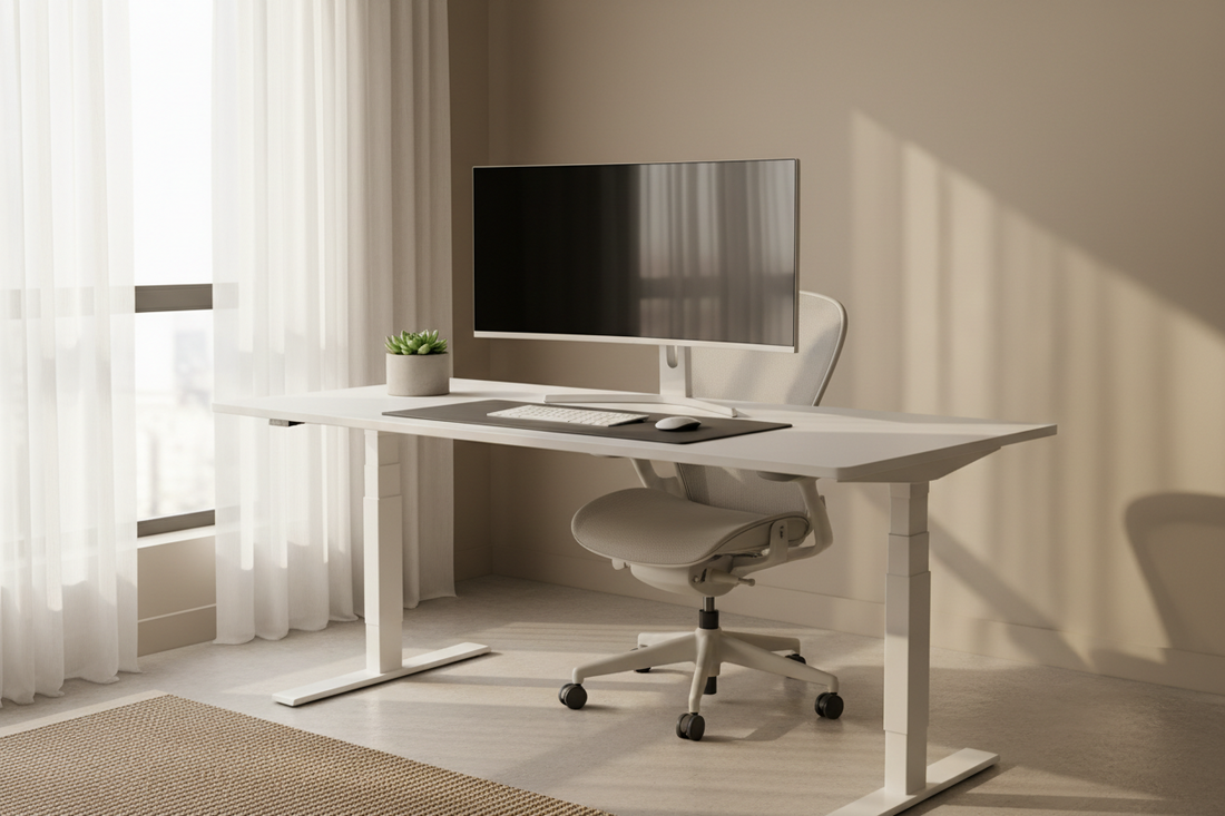 A professional home office setup featuring cable management, standing desks, and desk mats, by True-Desk.