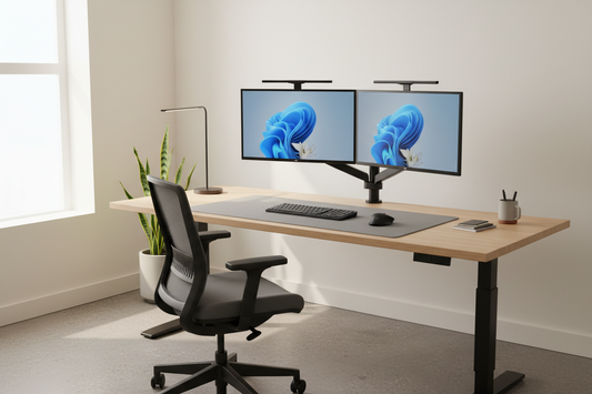 A professional home office setup featuring monitor arms, standing desks, and desk mats, by True-Desk.