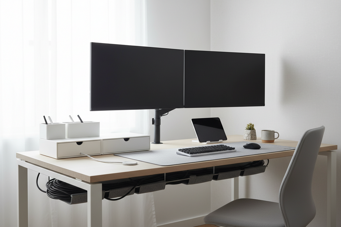 A professional ergonomic workspace setup with desk organizers and cable management, by True-Desk.