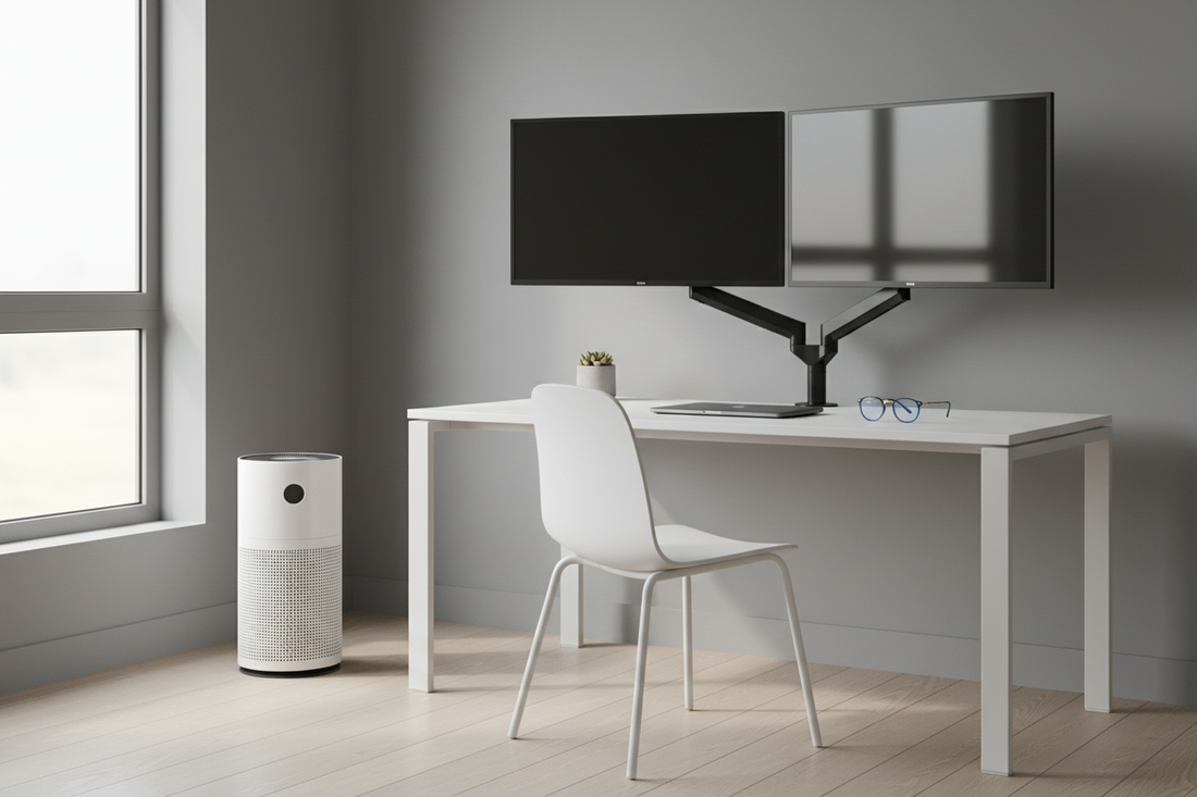 A professional ergonomic workspace setup with air purifiers and blue light blocking glasses, by True-Desk.
