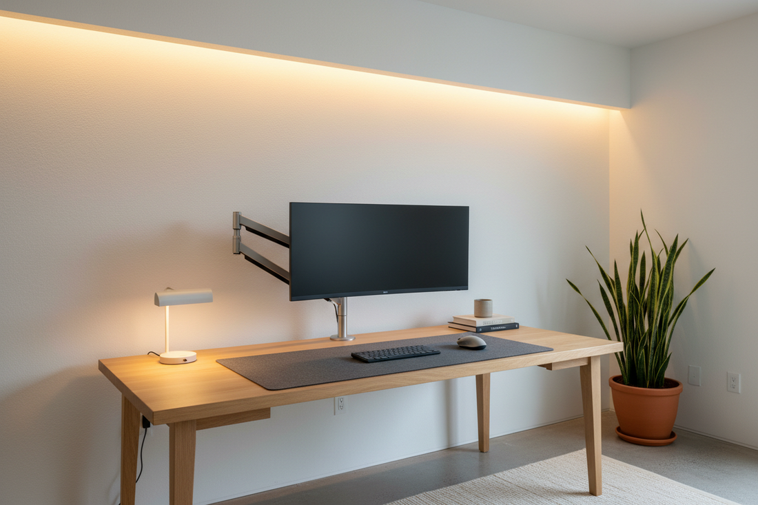 Professional ergonomic monitor arms enhancing a home office workspace, by True-Desk.