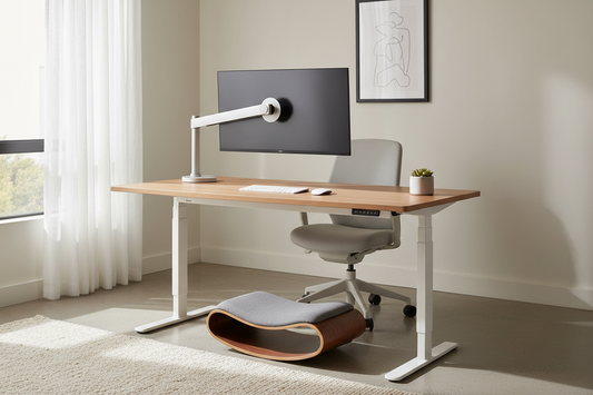 A professional ergonomic workspace setup featuring footrests and standing desks, by True-Desk.