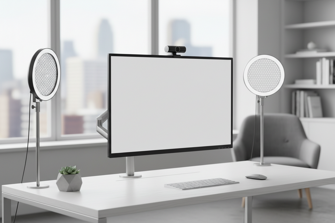 A professional remote work setup featuring webcams and meeting microphones, by True-Desk.