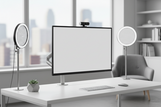 A professional remote work setup featuring webcams and meeting microphones, by True-Desk.