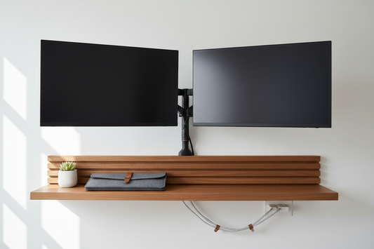 A professional emergency safety and protection setup with laptop sleeves and monitor arms, by True-Desk.