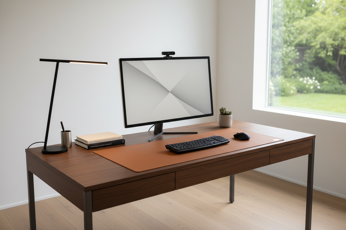 A minimalist premium adjustable desk lamp casting glare-free light over a clean leather desk mat and advanced remote office gear, by True-Desk.
