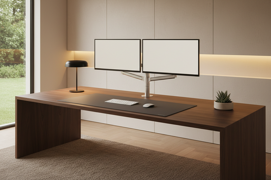 A minimalist premium workspace setup featuring high-end dual monitor arms and a clean leather desk mat under warm ambient lighting, by True-Desk.