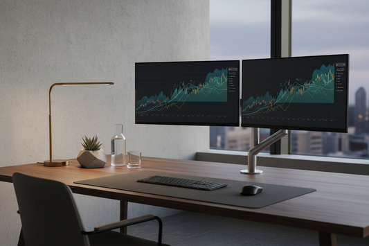 A minimalist premium workspace setup featuring high-end dual monitor arms and a clean leather desk mat under warm ambient lighting, by True-Desk.