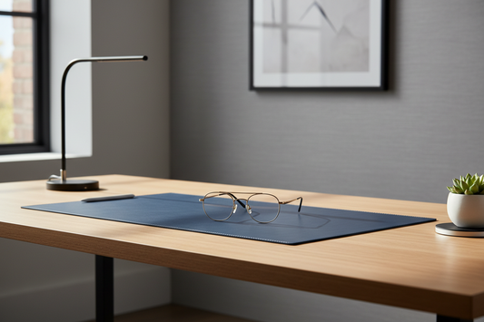 Minimalist premium blue light blocking glasses resting on a clean leather desk mat under soft morning sunlight, by True-Desk.