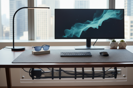 A clean and organized modern office desk layout with a premium dark gray desk mat, blue light blocking glasses, and a neat cable management system under a minimalist lamp.