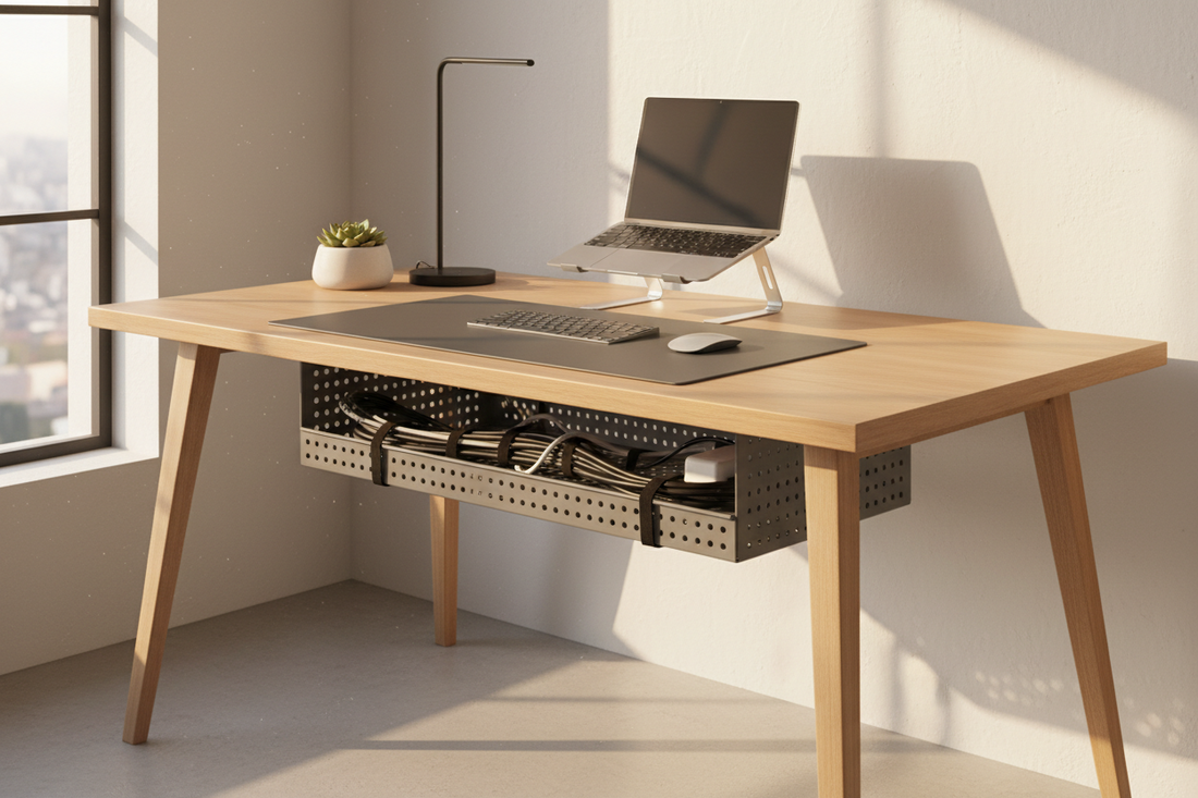 A minimalist premium under-desk cable management tray organizing power strips cleanly beneath a modern wooden desk, by True-Desk.
