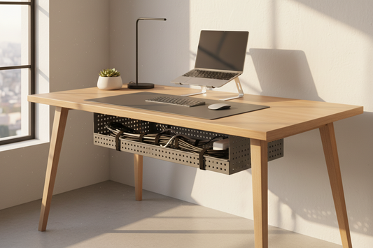 A minimalist premium under-desk cable management tray organizing power strips cleanly beneath a modern wooden desk, by True-Desk.
