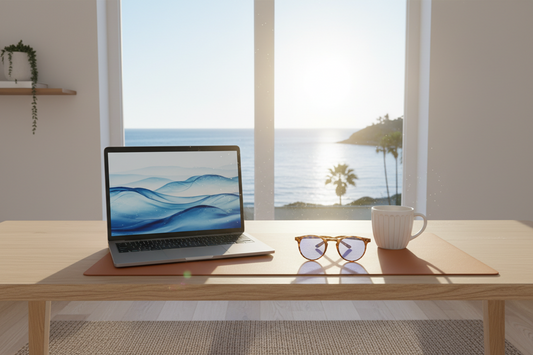 Minimalist premium blue light blocking glasses resting on a clean leather desk mat inside a sunlit vacation workspace, by True-Desk.
