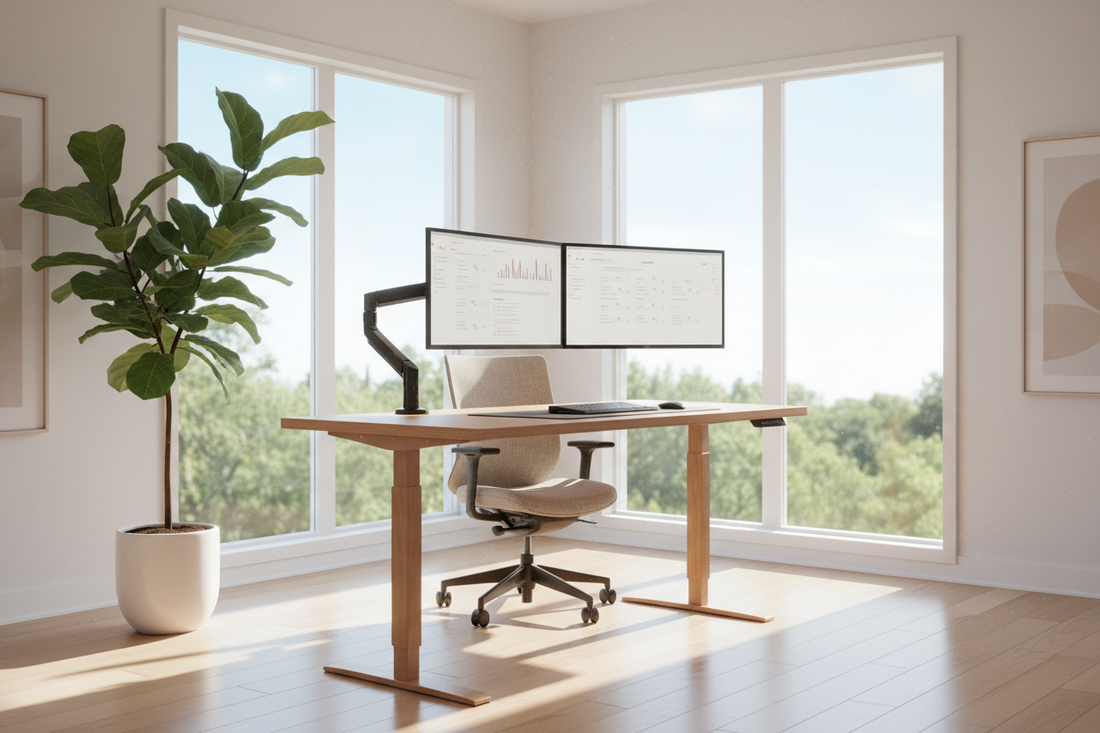 A premium minimalist home office workspace featuring an adjustable wooden standing desk with monitors attached to flexible monitor arms under bright natural light.