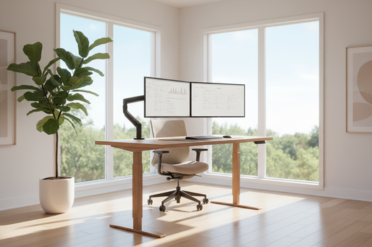 A premium minimalist home office workspace featuring an adjustable wooden standing desk with monitors attached to flexible monitor arms under bright natural light.