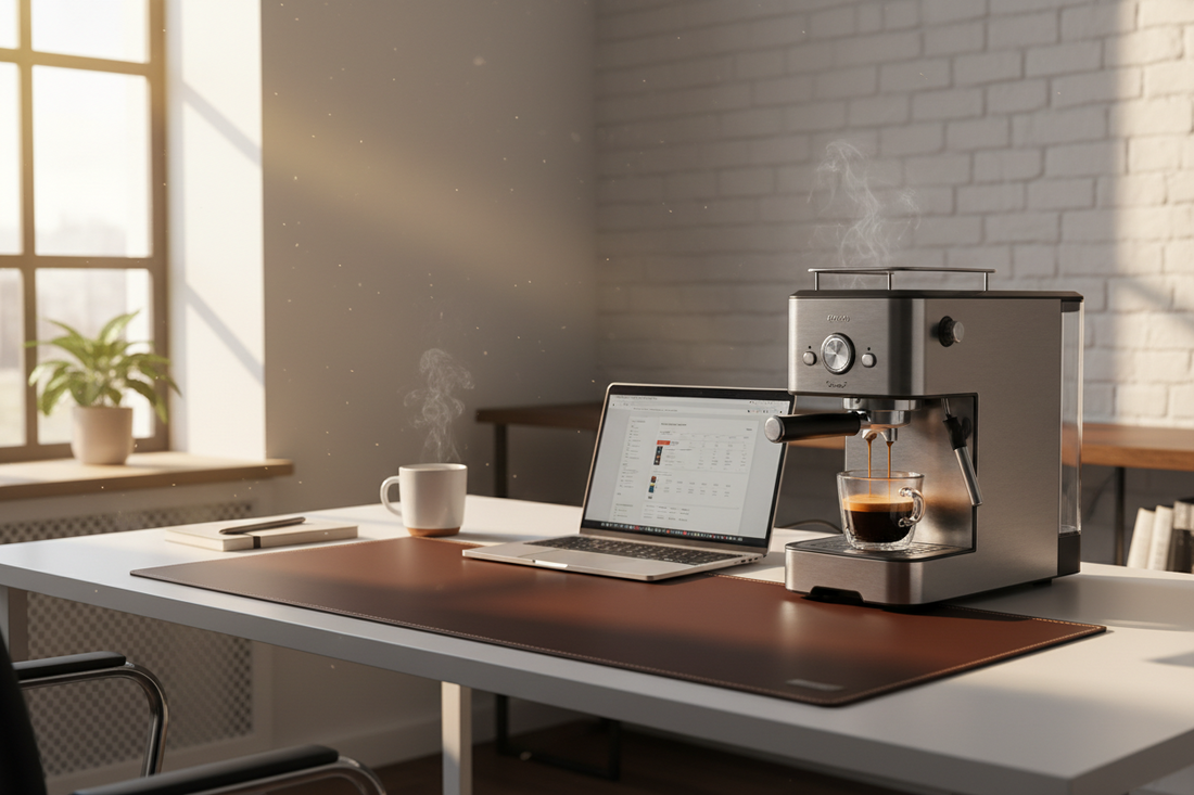 A premium minimalist corporate workspace featuring an automated office coffee machine on a wooden side table next to a clean desk with a laptop resting on a black desk mat.