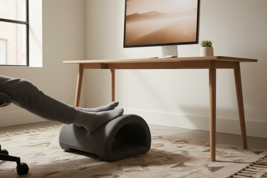 Ergonomic footrest under a home office desk supporting proper seated posture
