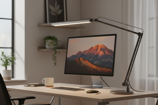 Modern LED desk lamp illuminating a clean home office desk setup with warm focused light
