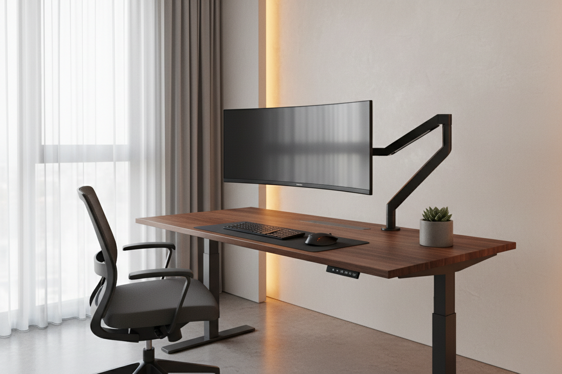 A modern minimalist home office featuring a large curved screen mounted on a black mechanical monitor arm over a premium dark wood standing desk under warm lighting.