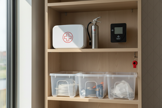 A professional emergency safety setup with first aid kits and fire extinguishers, by True-Desk.