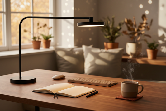 Best desk lamp for home office in fall — premium LED lamp on a minimal walnut desk with warm autumn lighting
