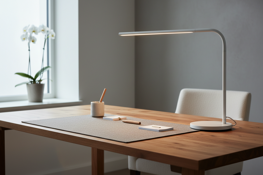 Best desk lamp for home office productivity on a clean, minimal workspace with matte desk mat and natural light