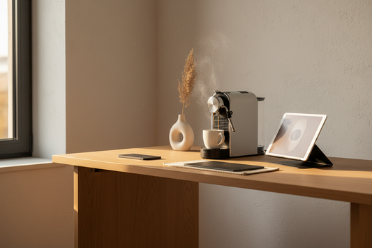 Best coffee machine for home office desk — compact single-serve brewer on a minimal workspace for National Coffee Day