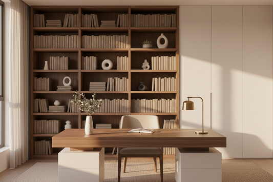 Best home office storage cabinets and bookcases for fall organization — premium minimal workspace with walnut bookcase