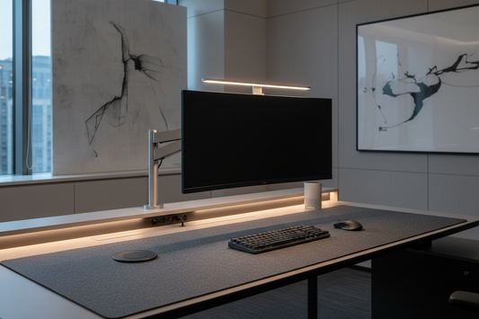 A premium minimalist desk setup featuring a sleek dark gray desk mat, a perfectly organized workspace with no visible wires, a modern monitor arm, and subtle professional desk lighting, by True-Desk.