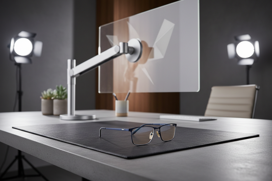 A premium minimalist desk setup featuring elegant blue light blocking glasses resting on a high-end dark gray desk mat with an adjustable monitor arm in the background.