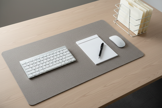 Perfectly organized home office desk with minimal setup, desk mat, file organizer, and clean workspace for maximum productivity