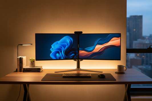 A professional home office sanctuary featuring cable management, desk mats, and blue light blocking glasses, by True-Desk.