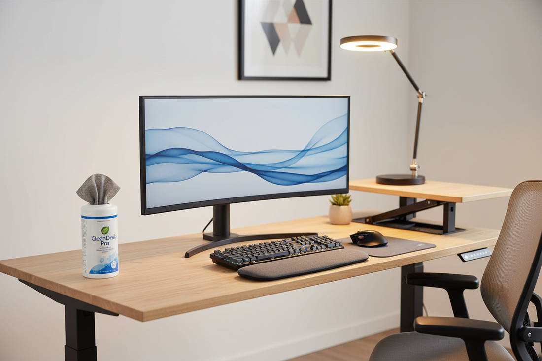 A professional home office sanctuary featuring wipes, hand soap, and paper towels, by True-Desk.