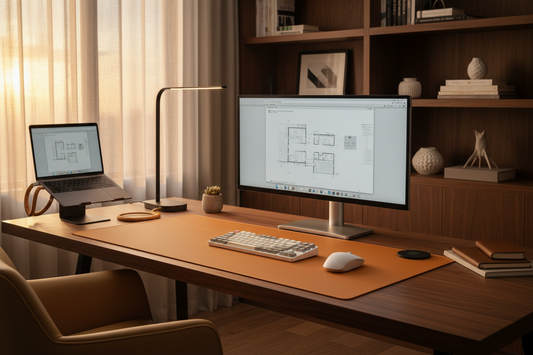 A professional home office sanctuary featuring desk mats, cable management, and blue light blocking glasses, by True-Desk.